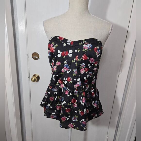 American Eagle Size L Strapless Black Floral Smocked blouse - Picture 2 of 12